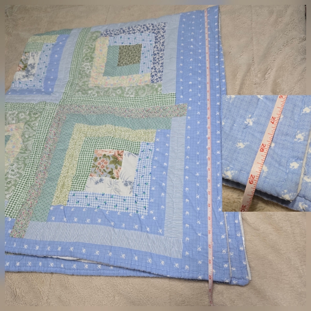 Vintage Log Cabin Lap Quilt stripe logcabin block squares blue green crib quilt - Picture 13 of 14